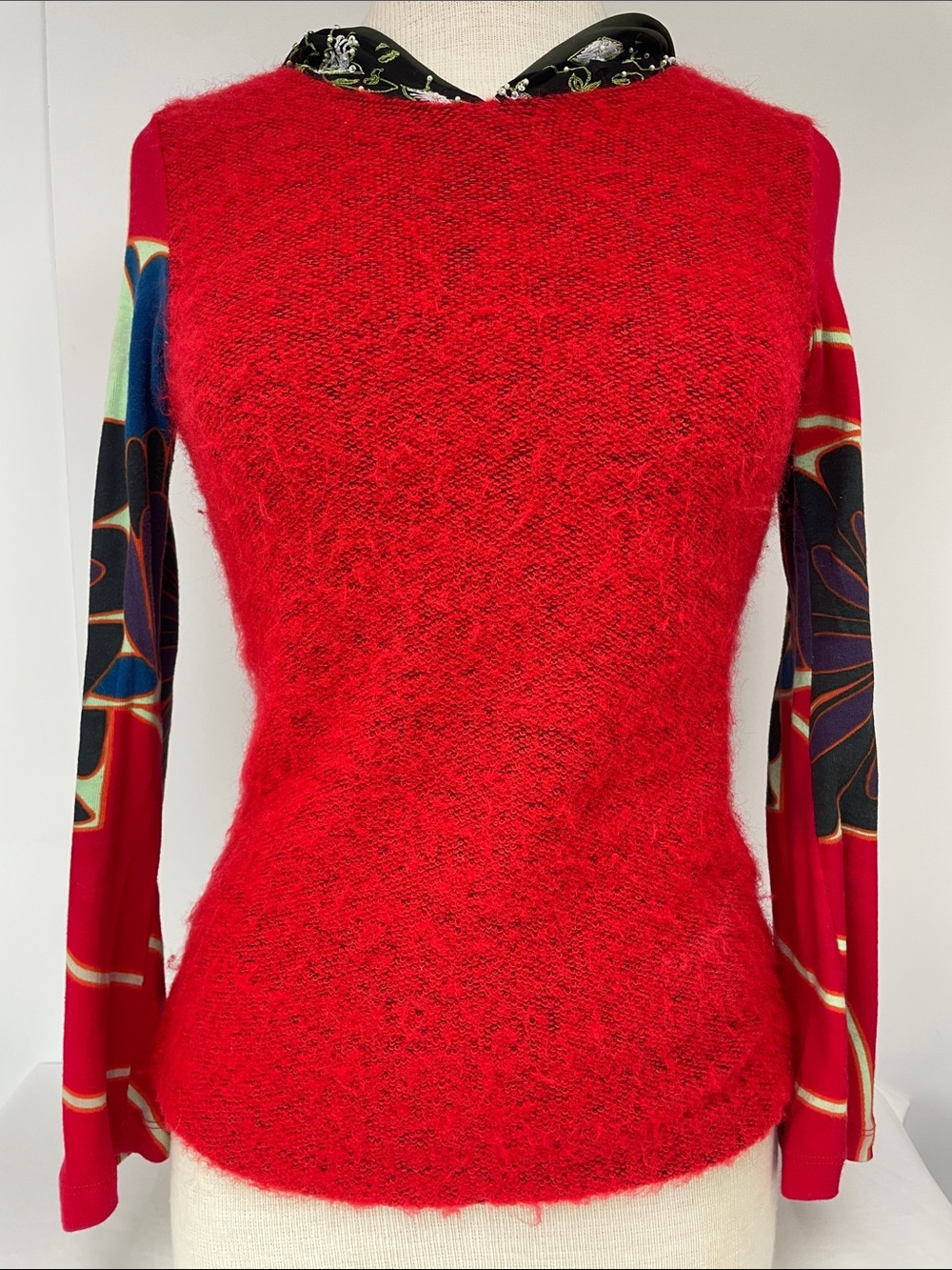 Custo Barcelona Red Fuzzy Knit Long Sleeve Top with Printed Sleeves, Size S